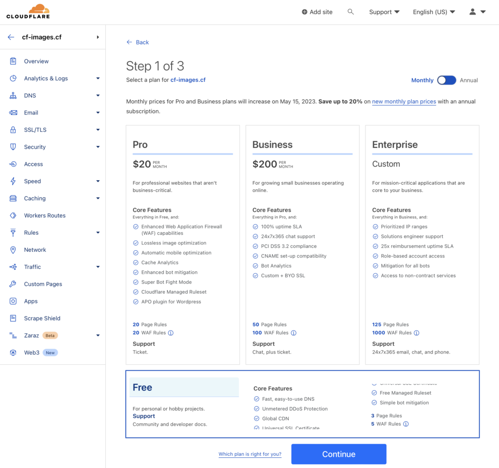 Cloudflare - Plan Selection