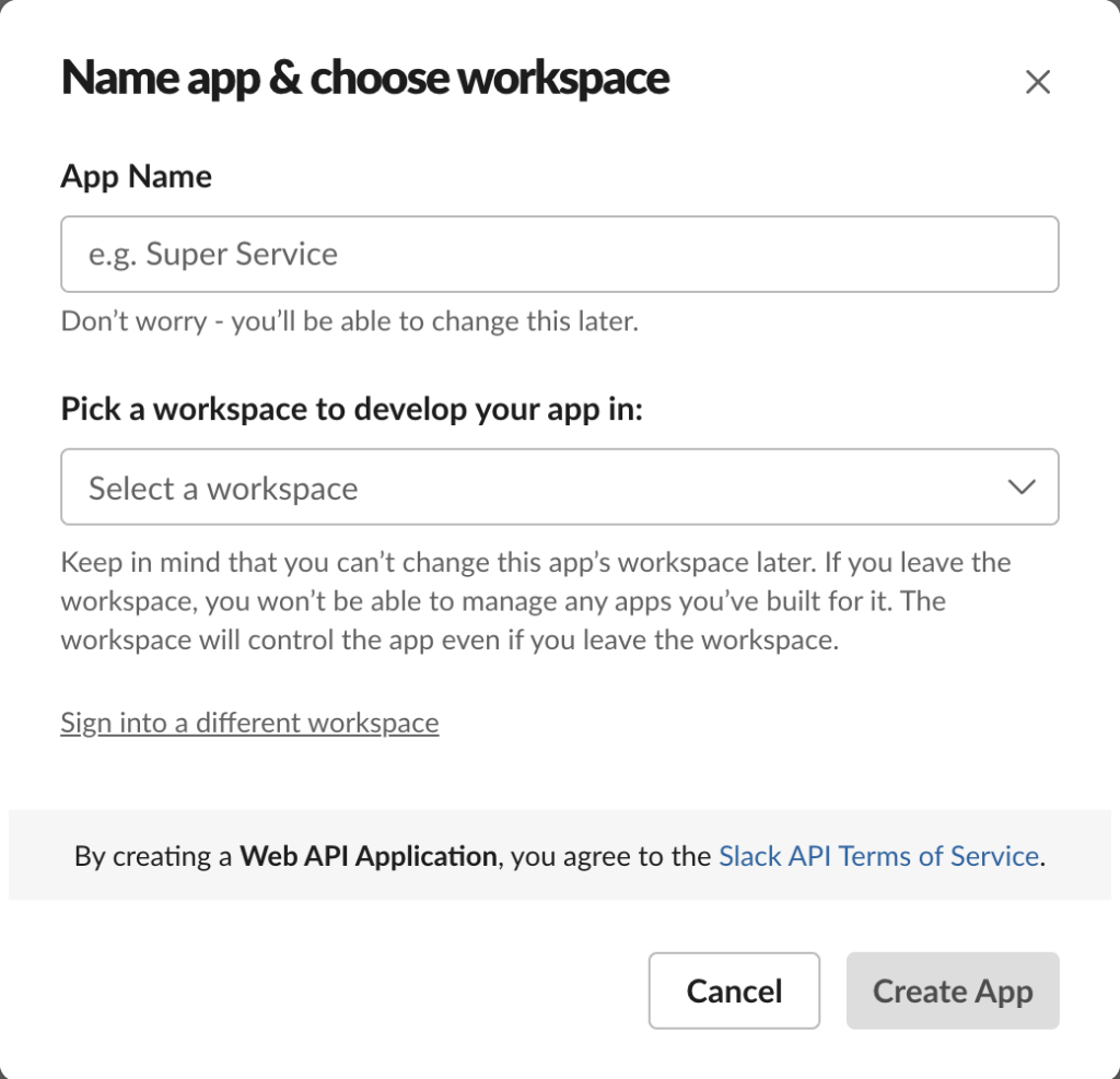 Slack app - creating a new app