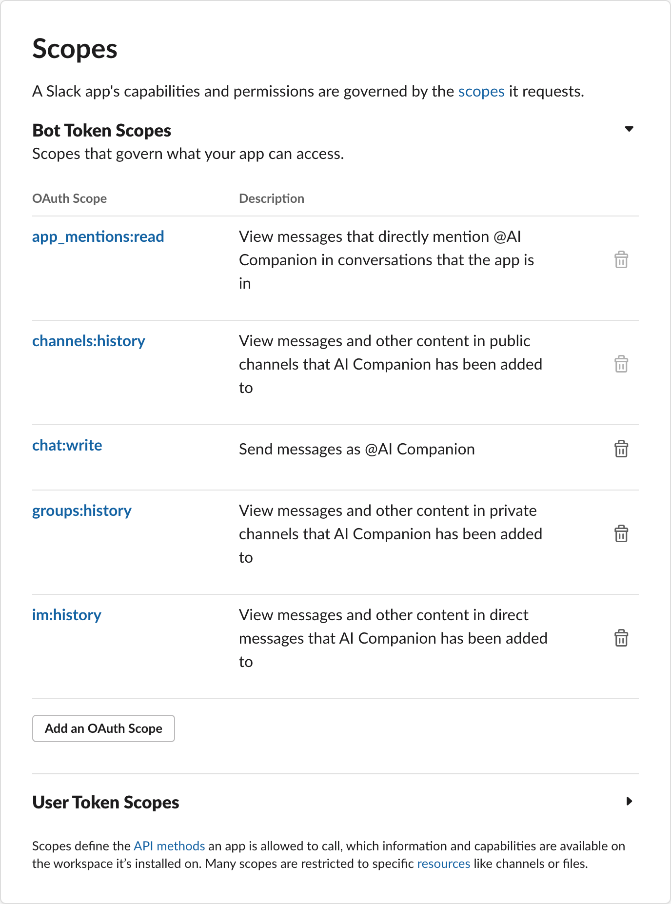 Slack app Scopes section